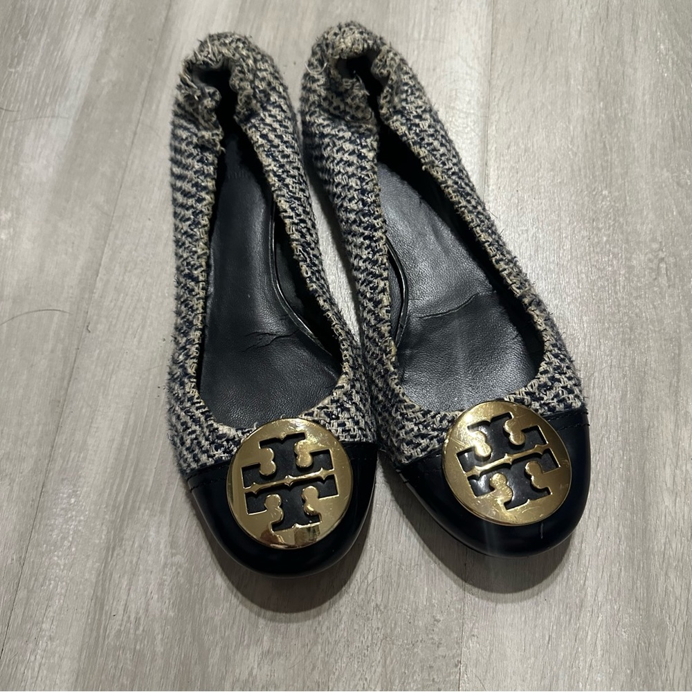 Tory Burch Black White Tweed Knit Round Toe Flats Sz 8M